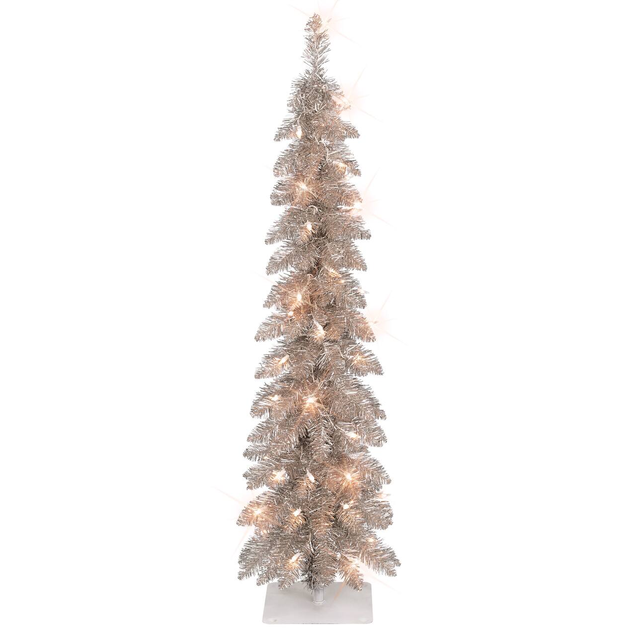 4ft. Pre-Lit Rose Gold Artificial Alpine Pencil Christmas Tree, Clear Lights